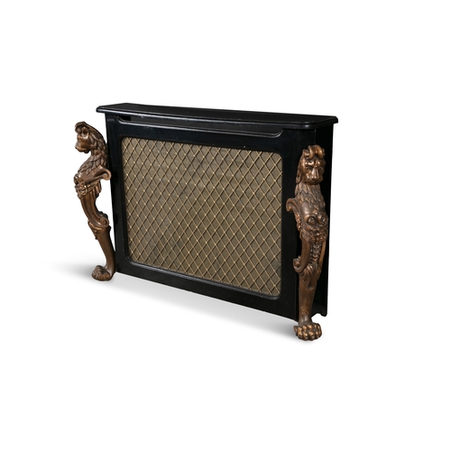 192 - A CONTEMPORARY BLACK PAINTED RADIATOR COVER WITH LION MONOPEDIA,  the rectangular top with moulded r... 