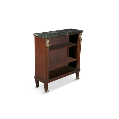 199 - A REGENCY STYLE MAHOGANY MARBLE TOP OPEN BOOKCASE,  with verde antico top above figural uprights, th... 