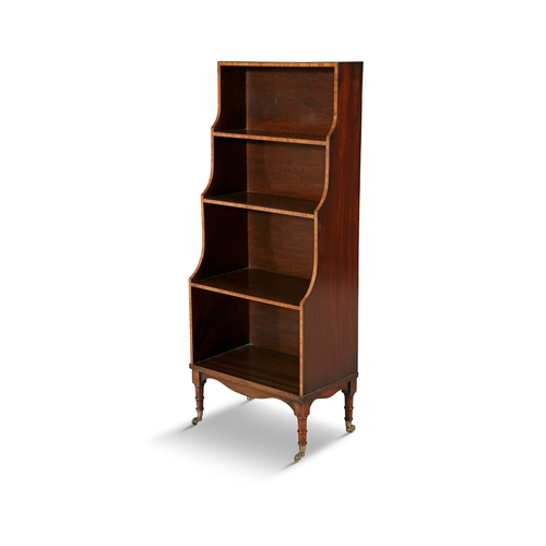 200 - A MAHOGANY AND ROSEWOOD BANDED FOUR TIER WATERFALL BOOKCASE  with solid panel shelving on turned leg... 