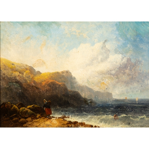 202 - EDWIN HAYES RHA RI ROI (1819-1904) Lobster catcher by a Shoreline  Signed and dated 1880 Oil on boar... 