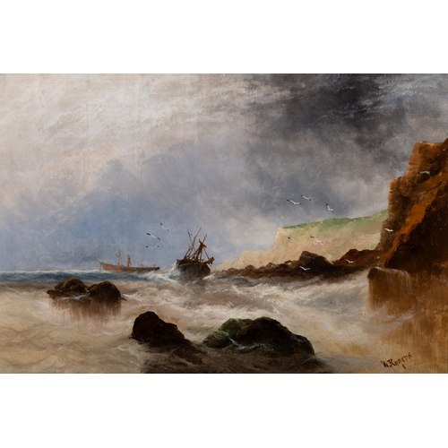 203 - WILLIAM ROGERS (BRITISH 19TH CENTURY) Shipping off stormy coasts  A pair, oils on canvas, each 50 x ... 