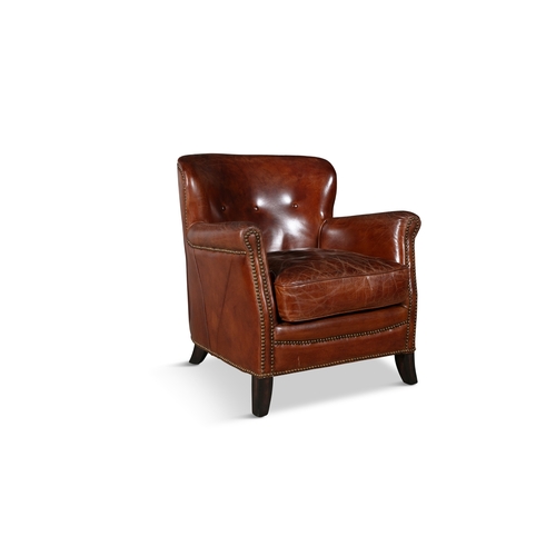 204 - A PAIR OF BROWN LEATHER UPHOLSTERED ARMCHAIRS,   each with buttoned tub shaped back, loose seat cush... 