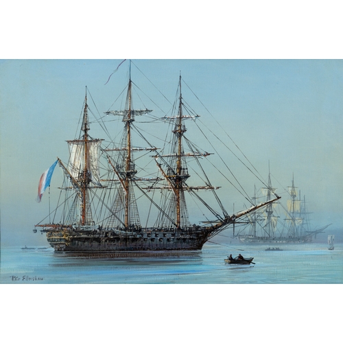 206 - PETER ELLENSHAW (1913-2007) A Three Masted Sailing Ship with French Flag, in Calm Waters Oil on canv... 