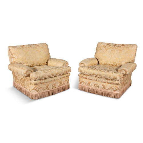 211 - A PAIR OF DURESTA ARMCHAIRS    each upholstered in a yellow damask fabric, with out scrolling arms, ... 