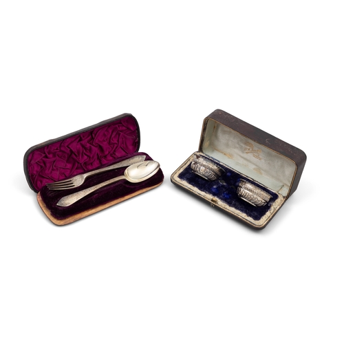 233 - A CASED VICTORIAN CHRISTENING SET COMPRISING AN ELABORATLEY ENGRAVED SPOON AND MATCHING FORK,  Londo... 