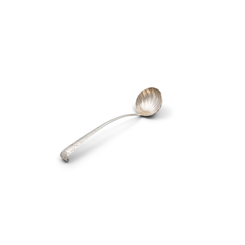 238 - A GEORGE III SILVER SOUP LADLE  London, lacking date letter, mark of 'LK' with scallop shell, with d... 