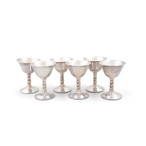 249 - A SET OF SIX SILVER PLATED GOBLETS,  with mark of Mappin & Webb, with twisted cast vine stems. 12.5c... 