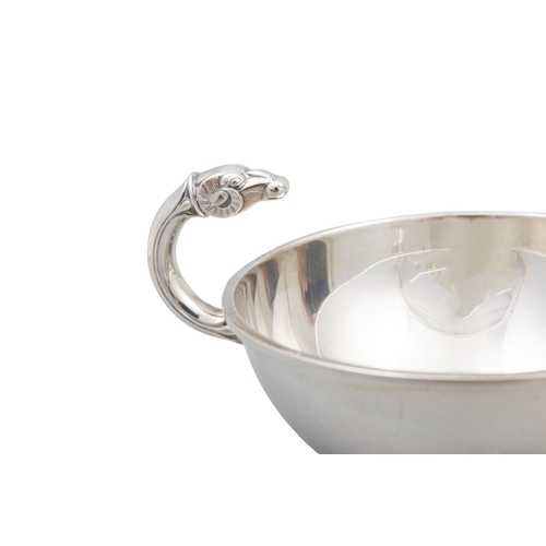 254 - A NORWEGIAN SILVER BOWL WITH ANAMORPHIC HANDLE   stamped '830.S' and '73' with plain body, raised on... 