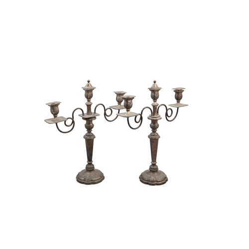 258 - A LARGE PAIR OF 19TH CENTURY SHEFFIELD PLATED THREE LIGHT CANDELABRA  45cm wide, 51cm high