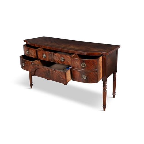 262 - A GEORGE IV MAHOGANY BOWFRONT SIDEBOARD,   the cross banded top above a long frieze drawer and reces... 