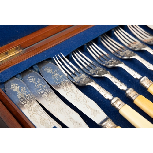 263 - A VICTORIAN CANTEEN OF TWELVE SILVER PLATED AND BONE HANDLED FISH KNIVES AND FORKS, WITH ENGRAVED DE... 