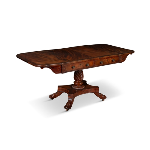 265 - AN EARLY VICTORIAN FLAME MAHOGANY SOFA TABLE   the rectangular drop-leaf top with rosewood banded bo... 