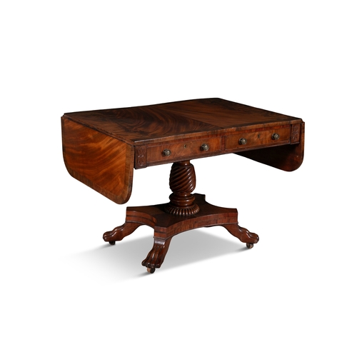 265 - AN EARLY VICTORIAN FLAME MAHOGANY SOFA TABLE   the rectangular drop-leaf top with rosewood banded bo... 