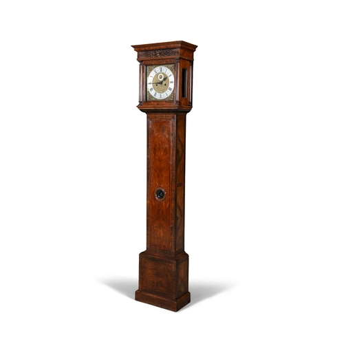 272 - A VICTORIAN WALNUT LONG CASED CLOCK,   the square hood with fretwork frieze, and glazed panel door e... 