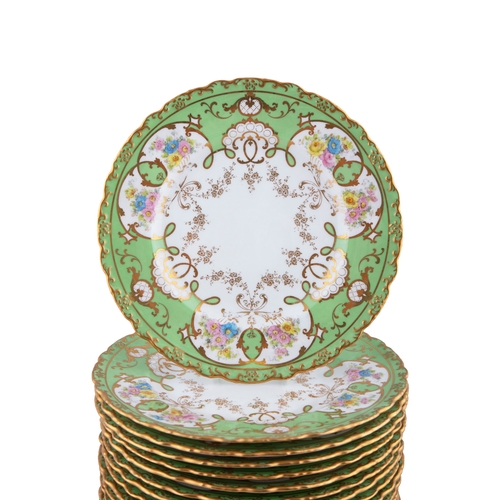 280 - A ROCKINGHAM CHINA GREEN AND GILT DESSERT SERVICE,  19th century, comprising:  - Two tazzas - Four s... 