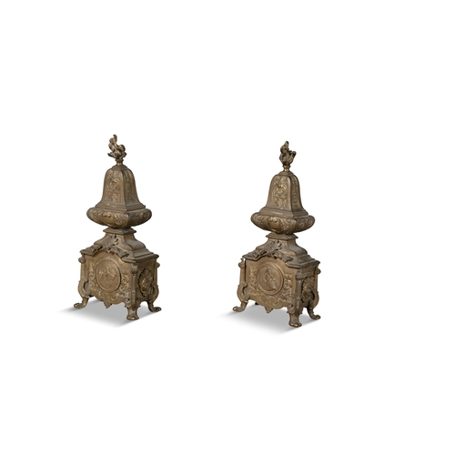 282 - A PAIR OF FRENCH BRASS FIREDOGS OF CLASSICAL DESIGN,  each applied with Roman portrait roundel, dome... 