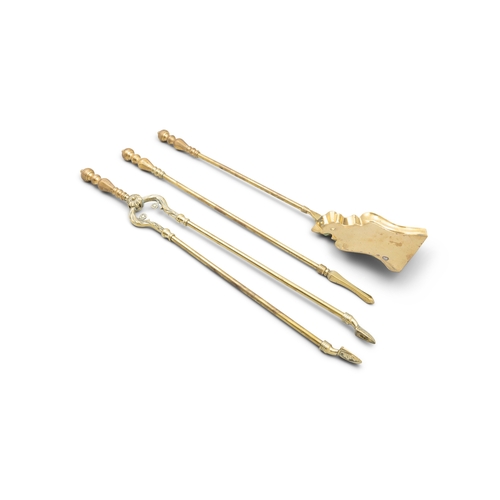 284 - A SET OF THREE BRASS FIRE IRONS,   comprising poker, shovel and fire tongs. 76cm long