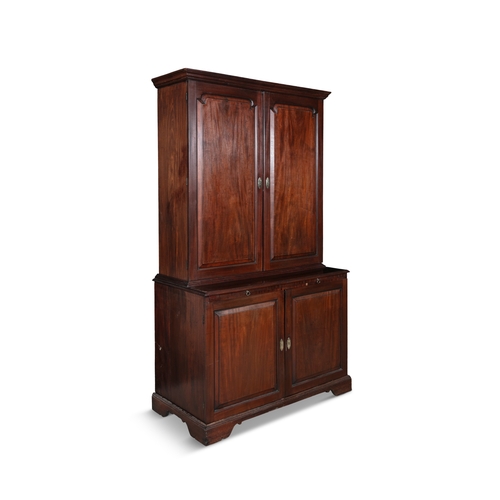 286 - A GEORGE III MAHOGANY TWO-DOOR BOOKCASE,   with moulded cavetto cornice above blind fielded panel do... 