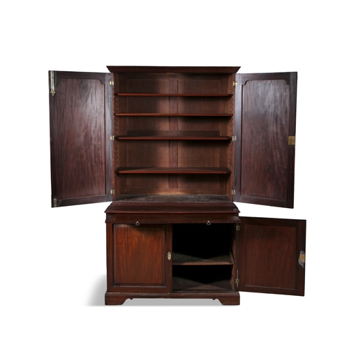 286 - A GEORGE III MAHOGANY TWO-DOOR BOOKCASE,   with moulded cavetto cornice above blind fielded panel do... 