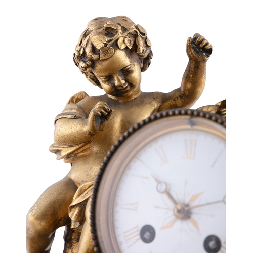 291 - A GILT METAL AND PORCELAIN MANTLE CLOCK, 19TH CENTURY  surmounted by putto and circular glazed dial ... 