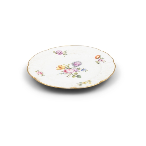 294 - A 18TH CENTURY MEISSEN PORCELAIN CABINET PLATE,  with foliate embossed borders and painted with flor... 