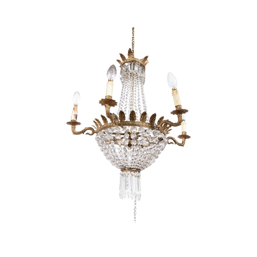 296 - A GILT BRASS AND CUT GLASS BASKET CHANDELIER   with acanthus leaf corona, hung with rows of cut glas... 