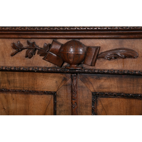 298 - A PAIR OF MID 19TH CENTURY CONTINENTAL CARVED AND STAINED WALNUT RECTANGULAR SIDE CABINETS,   the to... 