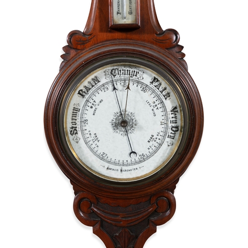 306 - A VICTORIAN OAK CASED BANJO ANEROID BAROMETER  of traditional shape, with glazed circular dial, inke... 