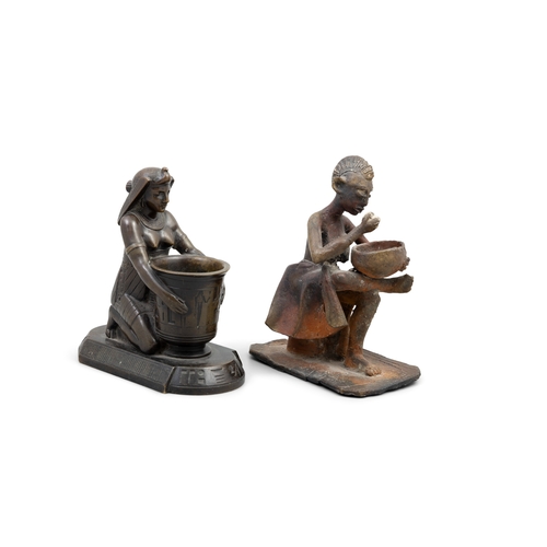 327 - A BRONZE MINIATURE MODEL OF AN EGYPTIAN WOMAN,   kneeling and holding a large vase on platform base,... 