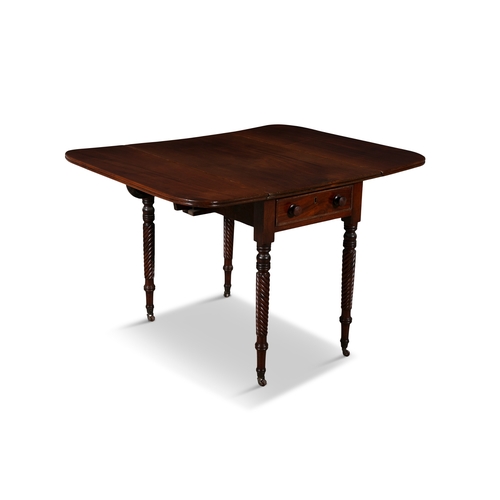 338 - A GEORGE IV MAHOGANY RECTANGULAR DOUBLE DROP LEAF PEMBROKE TABLE,  fitted single frieze drawer and r... 