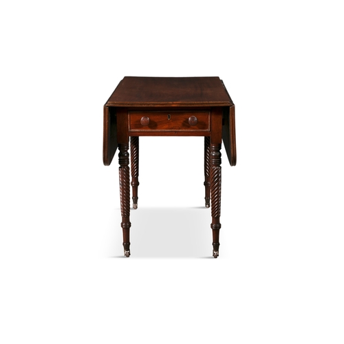 338 - A GEORGE IV MAHOGANY RECTANGULAR DOUBLE DROP LEAF PEMBROKE TABLE,  fitted single frieze drawer and r... 