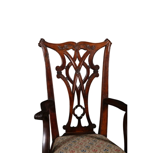 350 - A MAHOGANY FRAMED 'CHIPPENDALE' INFANTS ARMCHAIR  the pierced vase shaped back above upholstered dro... 