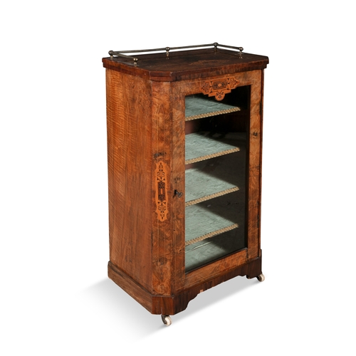 353 - TWO VICTORIAN INLAID WALNUT UPRIGHT CABINETS,  Each of rectangular form with canted corners, the lar... 