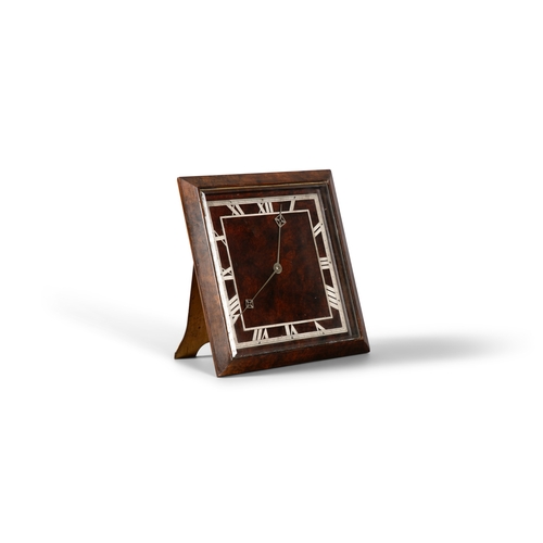 356 - A WALNUT VENEERED EASEL-BACK MANTLE CLOCK, CIRCA 1920S,  of squared shape, with sloped edge borders,... 