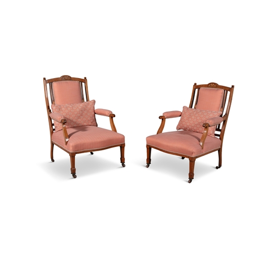 362 - A PAIR OF SATINWOOD INLAID ARMCHAIRS 19TH CENTURY   with pink upholstered cushion seats, backs and p... 