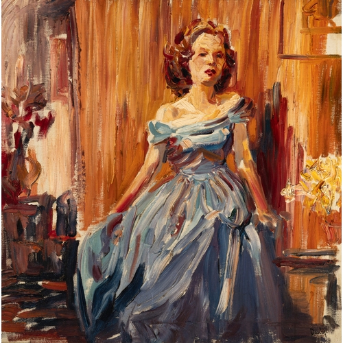 364 - RONALD OSSORY DUNLOP RA (1894 - 1973) Lady in a blue dress  Signed  Oil on canvas, 60 x 69cm