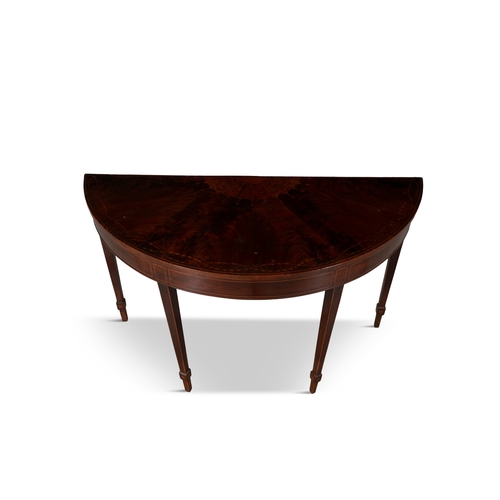 367 - A GEORGE III STYLE INLAID MAHOGANY HALF CIRCULAR SIDE TABLE,  the crossbanded top with radial inlay ... 