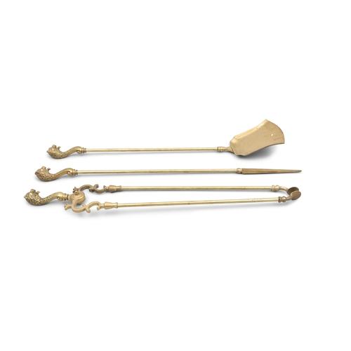 370 - A SET OF THREE BRASS FIRE IRONS,   comprising poker, shovel and fire tongs. 72cm long