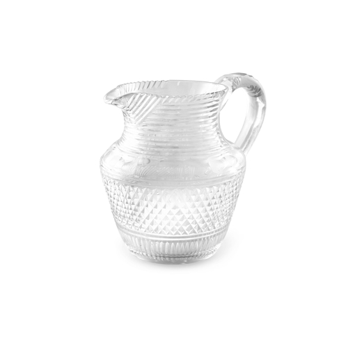 373 - AN IRISH CUT-GLASS WATER JUG OF BULBOUS FORM,   with facet and diamond cut decoration, 20cm high