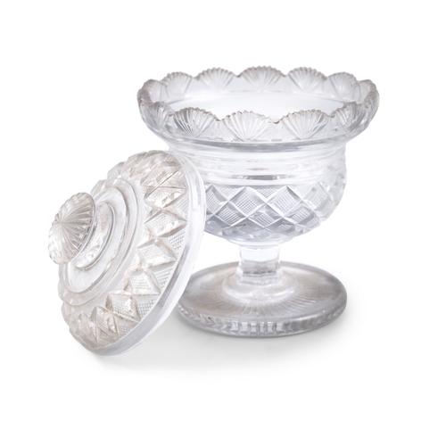 374 - AN IRISH 19TH CENTURY CUT GLASS PRESERVE POT AND LID,   with mushroom stopper, fan decorated rim and... 