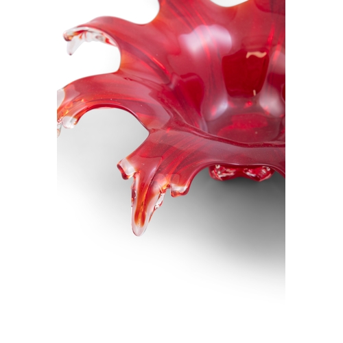 377 - AN ITALIAN RED GLASS PETAL BOWL  with out turned rim, 25cm diameter ; together with  a small green a... 