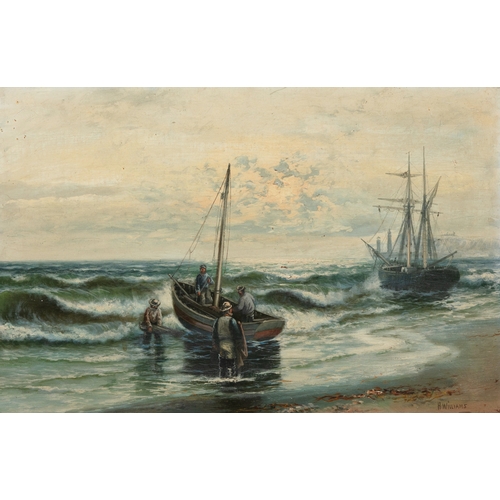 394 - H. WILLIAMS Marine Scene with Fishermen - Unloading the Catch Oil on canvas, 39 x 59cm Signed