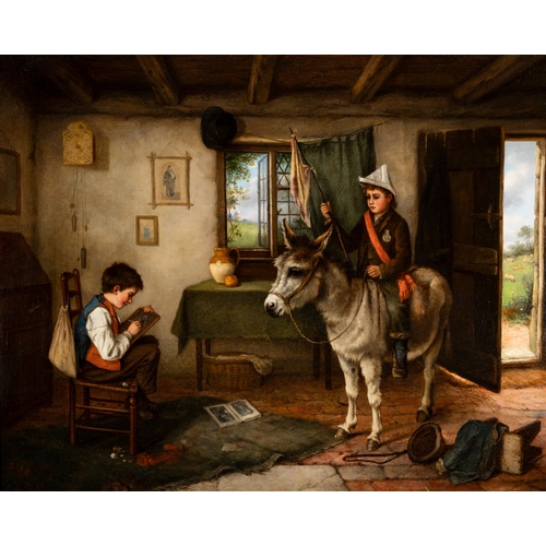 397 - VICTORIAN SCHOOL Interior of a Cottage with Two Boys and a Donkey Oil on canvas, 40 x 50cm