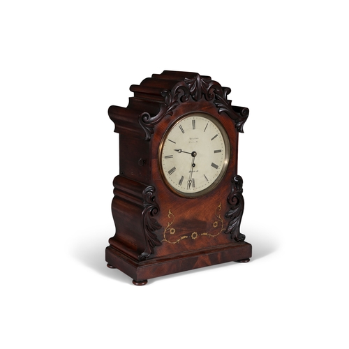 411 - AN EARLY VICTORIAN MAHOGANY CASED MANTLE CLOCK BY ATKINS OF POPLAR, LONDON   the leaf carved upright... 