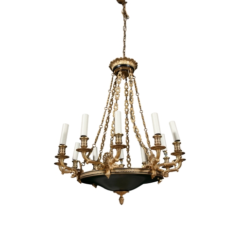 417 - A FRENCH EMIPRE STYLE GILT METAL TWELVE BRANCH CHANDELIER  

with acanthus leaf corona, issuing 12 s... 