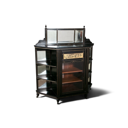 436 - A VICTORIAN EBONISED AND GOLD PAINTED CABINET,  the superstructure fitted with rectangular bevelled ... 