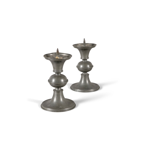 440 - A PAIR OF PEWTER CANDLESTICKS CIRCA 1900 BY EDVIN OLLERS FOR GJUTET TENN   24cm high