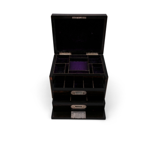 444 - A COROMANDEL JEWELLERY BOX,  mark of John Bagshaw & Sons, with hinged top, lined in purple velvet in... 