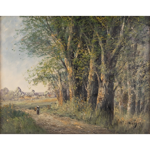 448 - FRENCH SCHOOL, 20TH CENTURY Figure on a Wooded Path Oil on canvas, 42 x 54cm