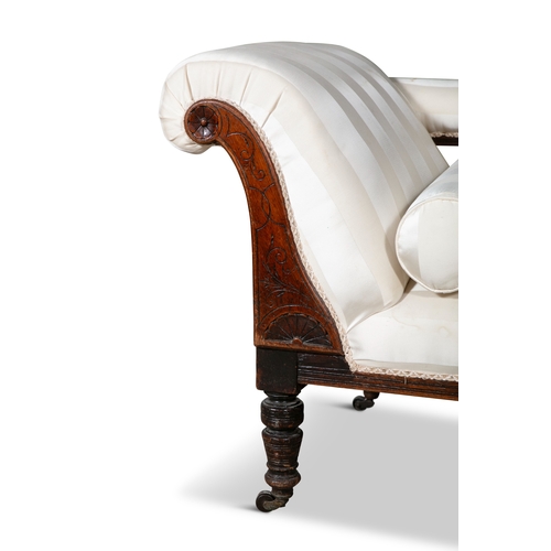 462 - A VICTORIAN MAHOGANY FRAMED SINGLE SCROLL END CHAISE LONGUE,  incised line decoration to the upright... 